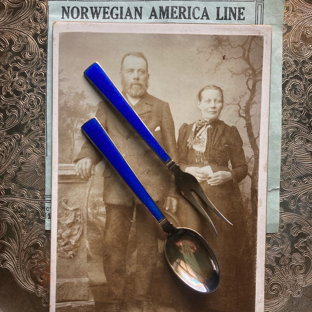 Norwegian Blue Enamel Fork and Spoon Set
